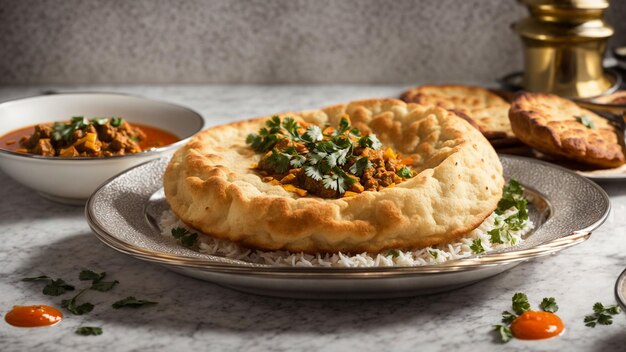 Present Bhature on an elegant plate against a white background allowing viewers to appreciate the d