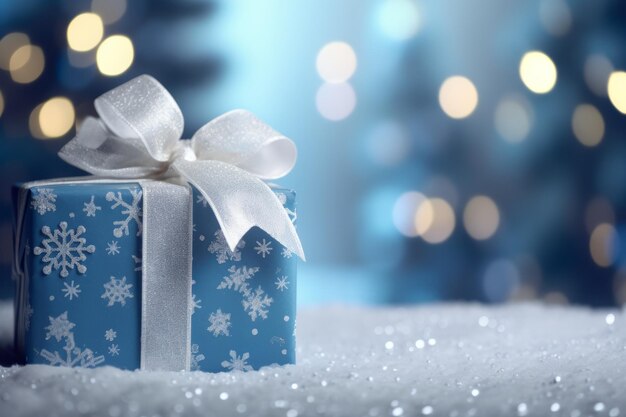 A present blue wrapping paper with snowflake designs elegantly tied with a silver ribbon