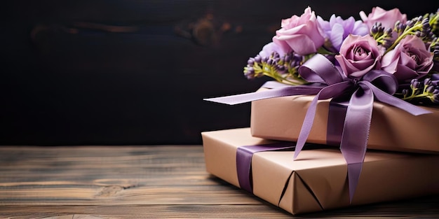 a present box and flowers are lying on wooden background