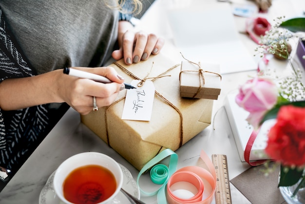 Present box with label tag