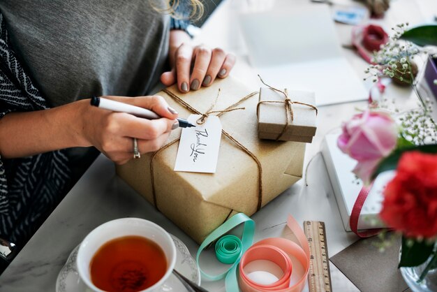 Present box with label tag