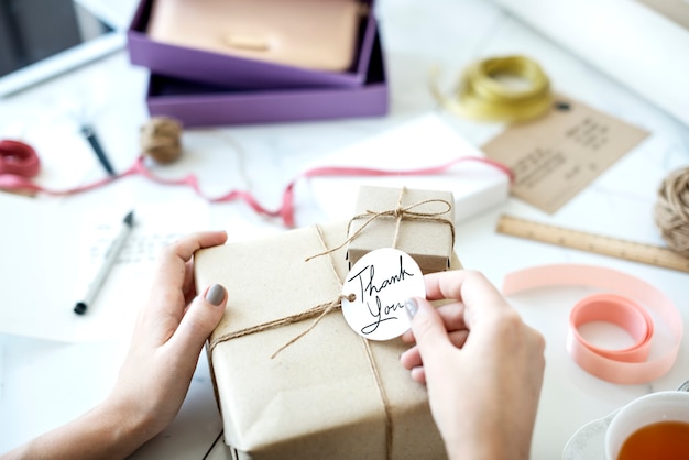 Present box with label tag