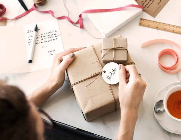 present box with label tag