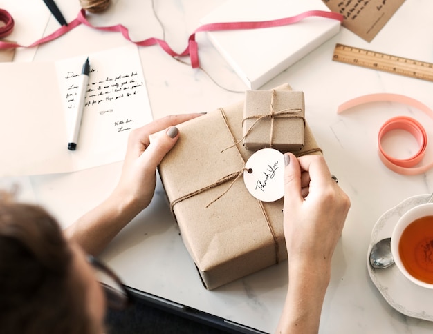 Present box with label tag