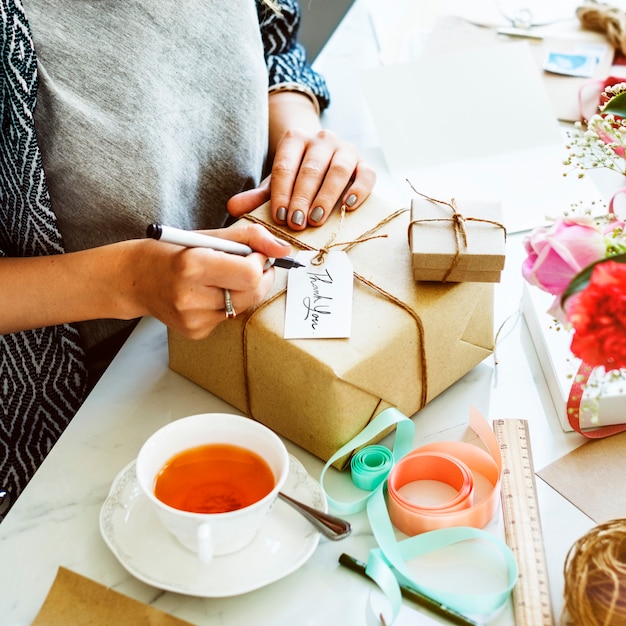 Present box with label tag