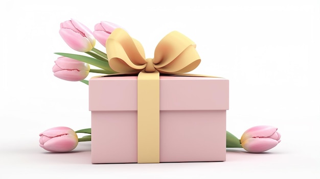 Present box with pink bow and tulips isolated 3D illustration