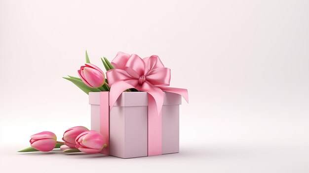 Present box with pink bow and tulips isolated 3D illustration