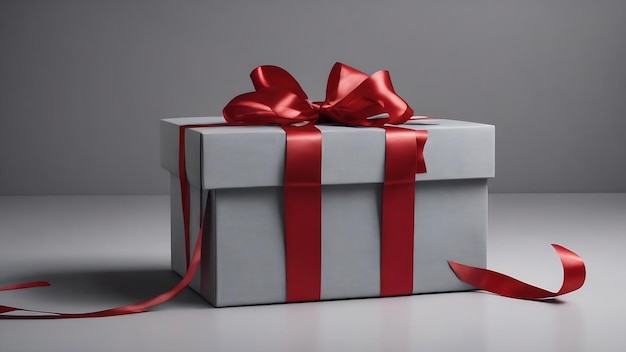 Present box with red ribbon on grey background