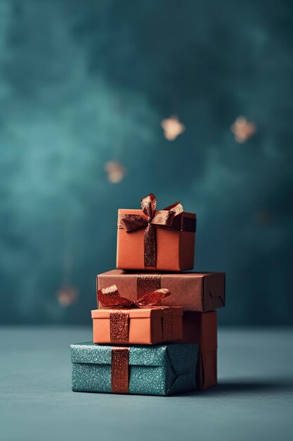 プレゼント ボックス コピー スペースと休日の垂直の背景 弓の山とギフト 誕生日 バレンタインデー 母の日 クリスマス ブラック フライデー ショッピング セール 消費者主義の概念 AI 生成コンテンツ
