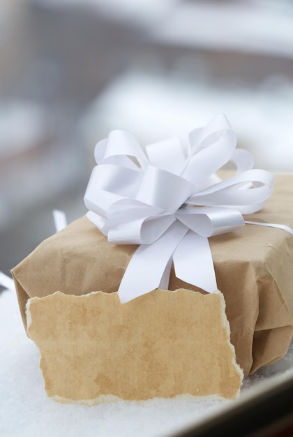 Present in kraft paper wrapping in the snow. Closeup