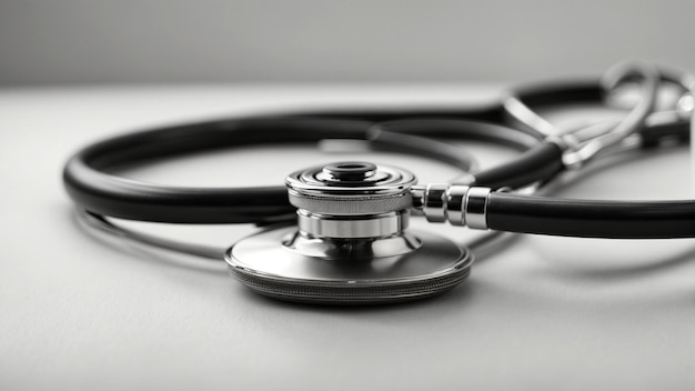 Present a monochromatic image of a stethoscope against a seamless white background emphasizing