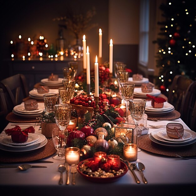 Foto piatti, posate, candele e decorazioni disposte sul tavolo per la cena di natale