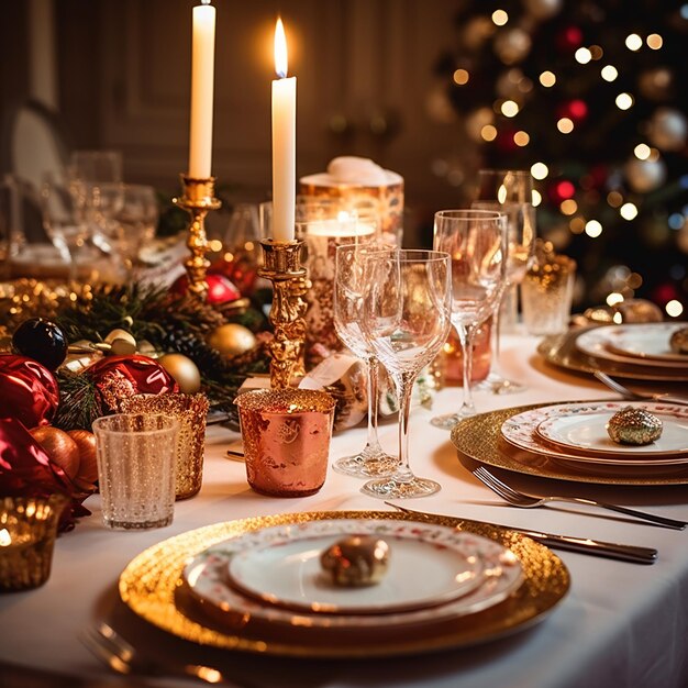 Photo present plates cutlery candles and decorations arranged on table for christmas dinner