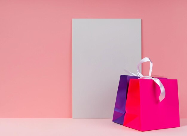 Present and shopping bag near placard pastel background