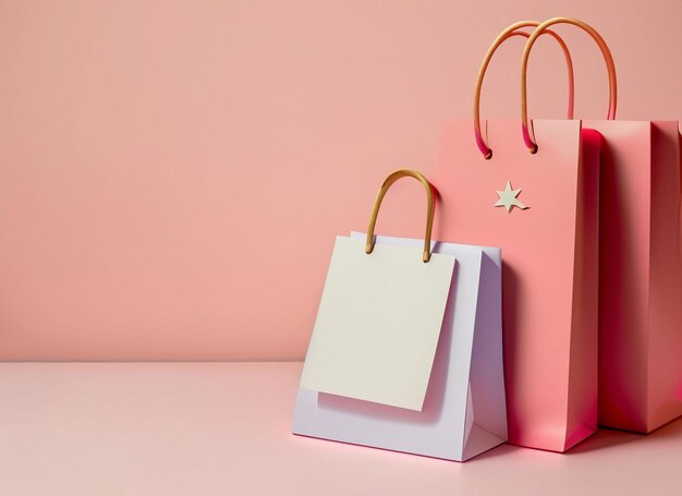 Present and shopping bag near placard pastel background