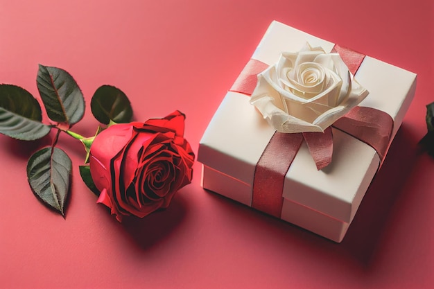 Present wrapped in red bow with red rose on red background