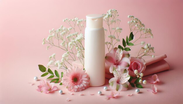 Presentatie van een cosmetisch product crème shampoo Mock-up van een cosmetische buis met voorjaarsbloemen