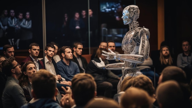 Presentatie van een robot met ai op een conferentie voor mensen