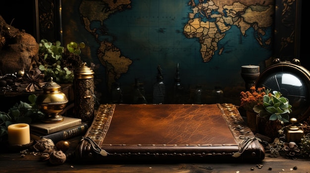 Presentation background leather table old map notebook