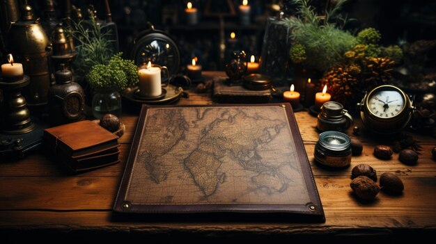 Presentation background leather table old map notebook