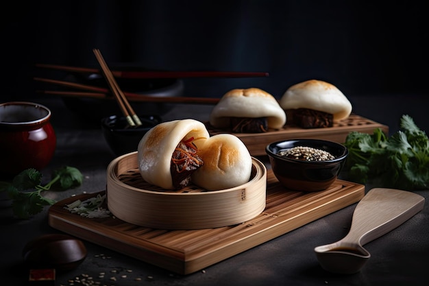 Presentation of bao buns on wooden plate with chopsticks and additional ingredients close by