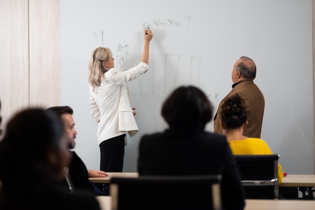 presentation business woman people giving presentation and report pointing at projector or tv screen people work in business office