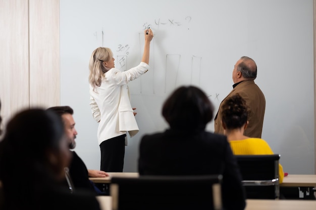 Photo presentation business woman people giving presentation and report pointing at projector or tv screen people work in business office