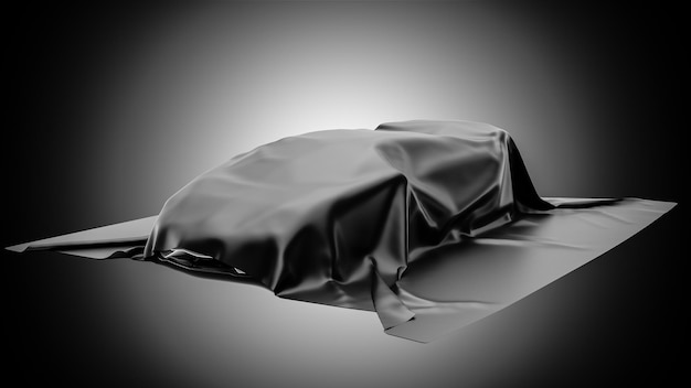 Photo presentation car under black cloth on white background 3d rendering