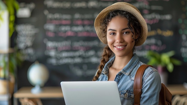 Presentation Concept Portrait of confident curly woman in eyeglasses posing near board