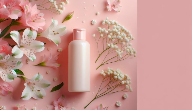 Presentation of a cosmetic product cream shampoo Mockup of a cosmetics tube with spring flowers