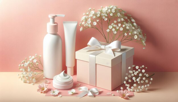 Presentation of a gift set of a cosmetic product gift box on a pastel background with flowers