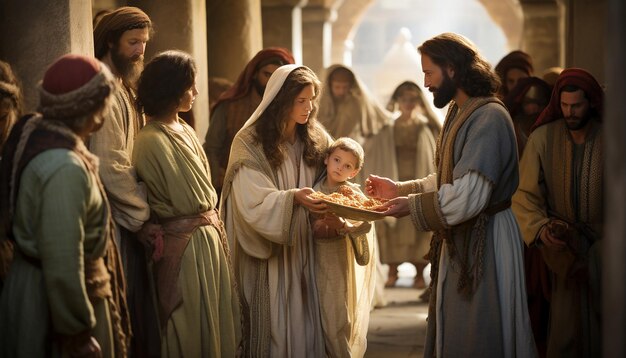 Presentation of jesus at the temple with actors in period costumes focusing on the emotional