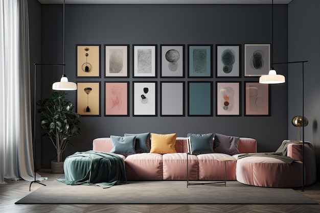 Presentation of a poster or photograph with a mock up poster gallery wall with seven frames in a room that is solid pastel black and silver and has furniture and plants