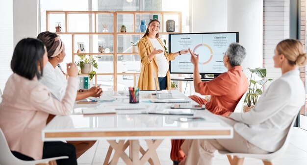 presentation question or team of women in business meeting for collaboration communication or networking motivation strategy or group of employee for seo brainstorming creative idea or planning