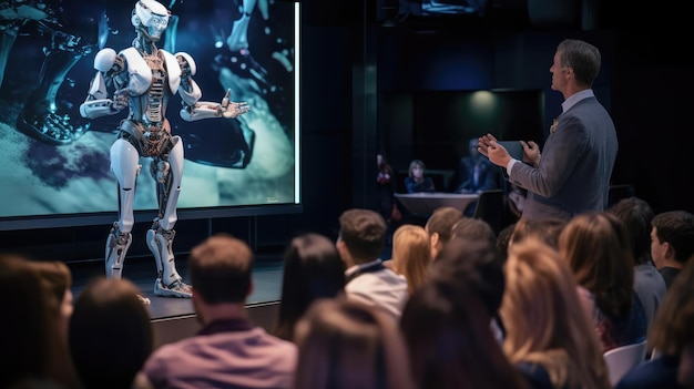 Presentation of a robot with ai at a conference in front of people