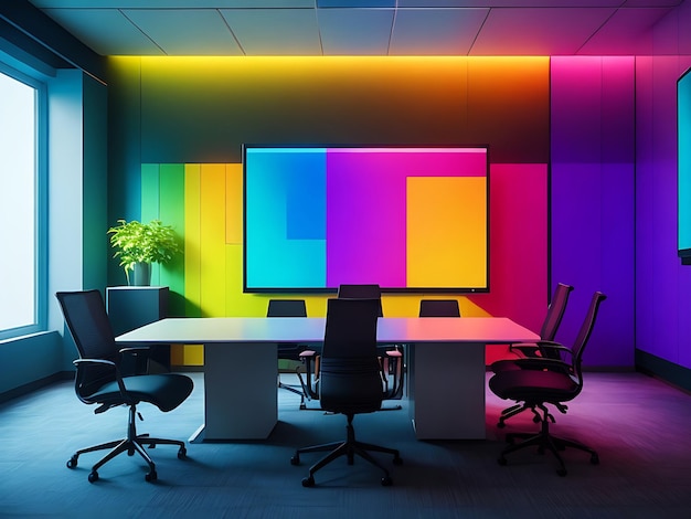 현대적인 다채로운 회의실에서 프레젠테이션 화면 AI 이미지