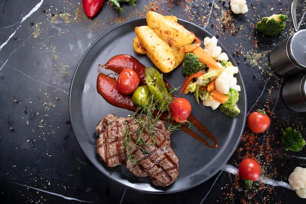 presentation with grilled beef and vegetables