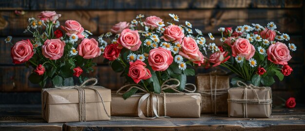 Presented on wooden background in Shabby Chic style are a rose and daisy bouquet with gifts Celebratory interior This photo was toned