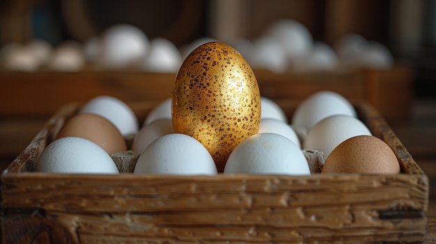 Presented in a wooden box one golden egg stands out among white eggs This concept emphasizes uniqueness