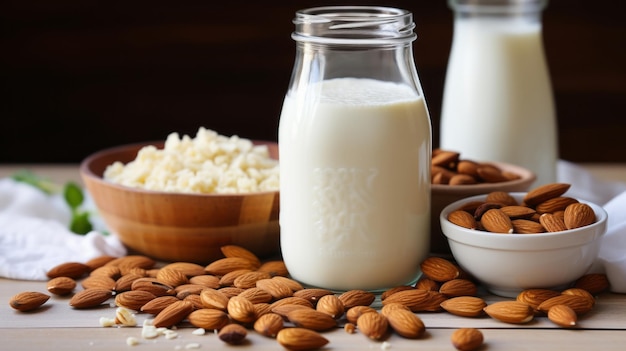 Presenteer 4 ingrediënten apart haver Chia zaden sojamelk amandelen op een stevige witte tafel