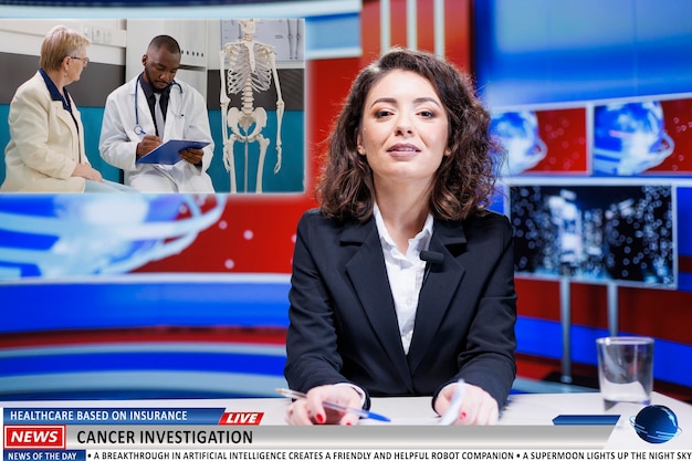 Photo presenter covers live healthcare news, discussing about medical insurance for patients and attempts to cure cancer. anchorwoman reading headlines about scientific investigation.