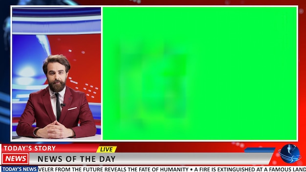 Ведущий обсуждает последние новости, используя шаблон зеленого экрана на вещательном канале, сидя в отделе новостей. Ведущий новостей СМИ, представляющий события на политические или деловые темы, пустое пространство для копирования.