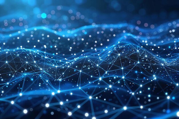 Presenting abstract blue background with glowing dots and connection lines digital technology conce