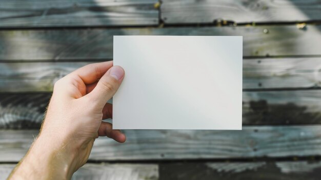 写真 田舎 の 木製 の 板 に 対し て 空白 の カード を 提示 する