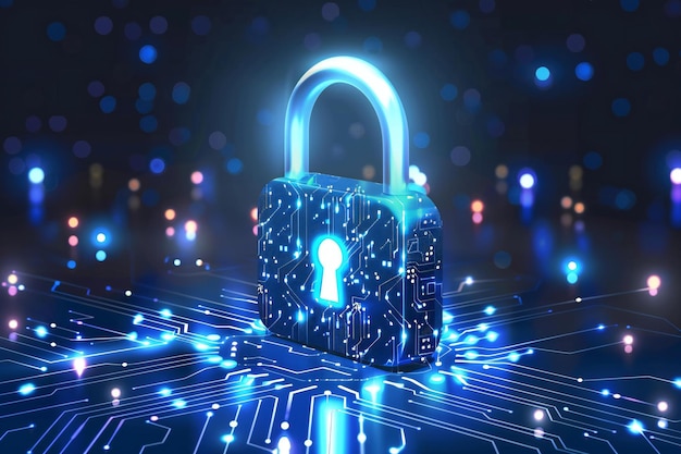 presenting cyber security lock icon with circuit board pattern on white background blue glow effec
