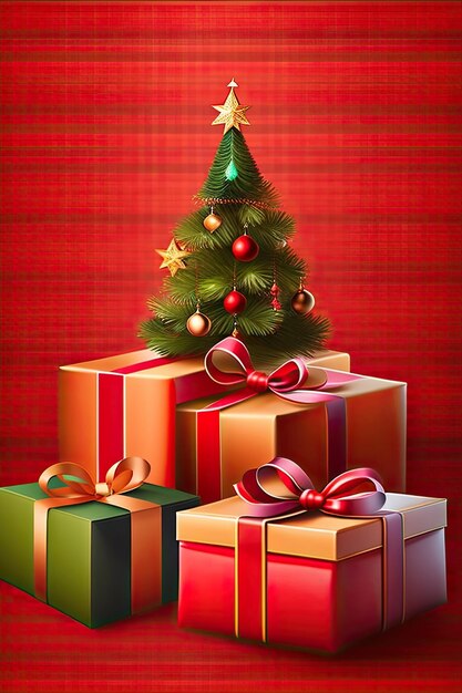 Presents under christmas tree on red checked background