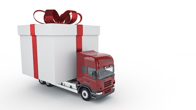 Presents delivery service concept truck with a gift box 3d rendering