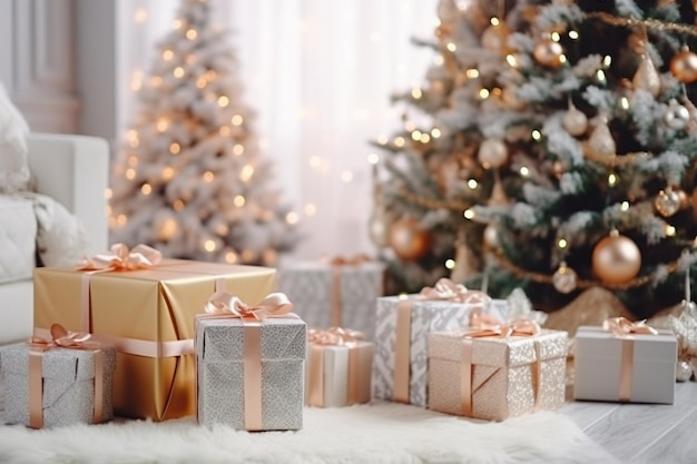 Presents and Gift boxes under Christmas Tree Beige boxes with ribbon bow New year de Generative AI