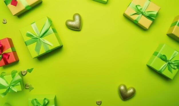 Presents gifts hearts on lime color background valentine's mother's day birthday christmas