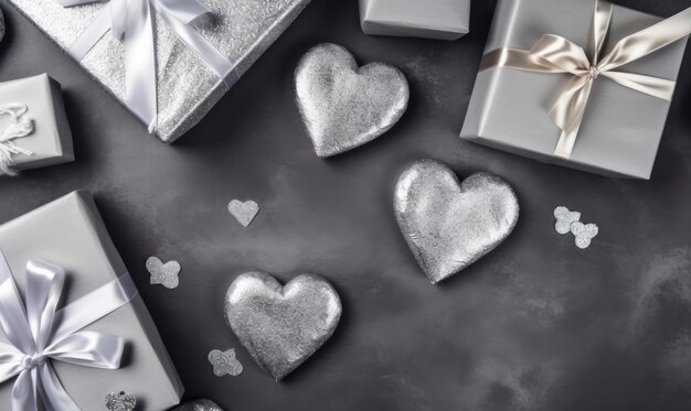 Presents gifts hearts on silver color background valentine's mother's day birthday christmas